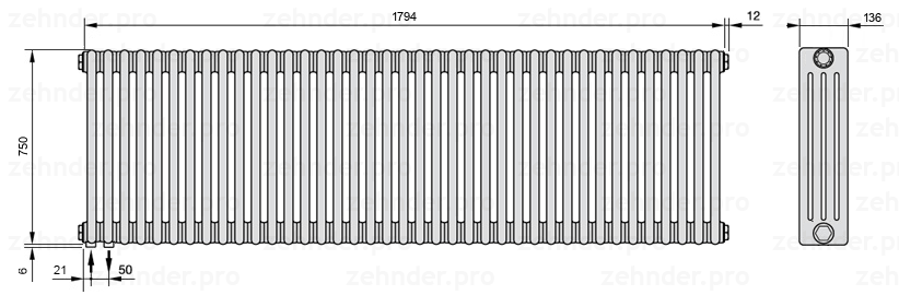 Схема (чертеж) Радиатор Zehnder Charleston 4075/39 №3370 Белый глянцевый RAL 9016